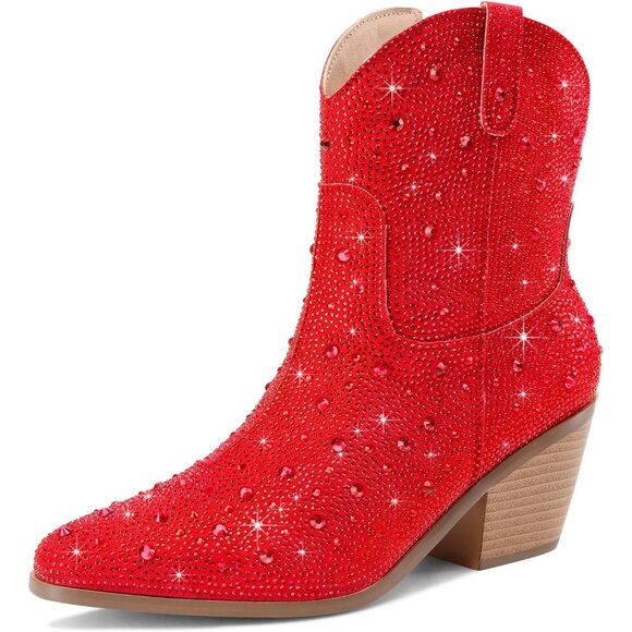 Women's Red Comfortable Rhinestone Chunky Heel Side Zipper Boots - Picture 1 of 8